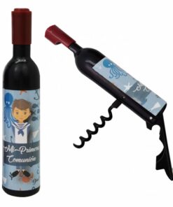 SACACORCHOS BOTELLA IMÁN COMUNIÓN NIÑO Sacacorchos abridor magnético con forma de botella de vino en color negro con pegatina personalizada con diseño comunión. Presentado en caja de cartón kraft. Medidas: 11,5 x 2,5 cm Medidas caja: 12 x 2,8 cm