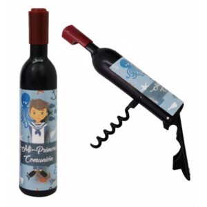 SACACORCHOS BOTELLA IMÁN COMUNIÓN NIÑOSacacorchos abridor magnético con forma de botella de vino en color negro con pegatina personalizada con diseño comunión. Presentado en caja de cartón kraft. Medidas: 11,5 x 2,5 cm Medidas caja: 12 x 2,8 cm